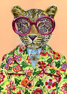 a painting of a leopard wearing glasses and a colorful shirt with flowers on it's chest