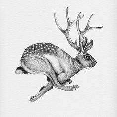 a black and white drawing of a deer jumping in the air with antlers on its head