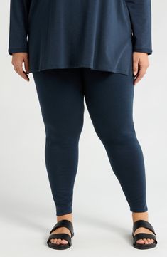 Move easily in slightly cropped leggings designed with a high, wide waistband and a healthy hint of stretch. 29" inseam; 11" leg opening; 13 1/2" front rise; 18 1/2" back rise (size 3X) Pull-on style 65% Tencel® lyocell, 28% organic cotton, 7% elastane Tencel lyocell is a more-sustainably produced fiber made with closed-loop processing Dry clean or machine wash, line dry Made in the USA of imported fabric Ankle-length Elastane Leggings For Loungewear, Casual Leggings With Comfort Waistband For Pilates, Fall Full Length Leggings For Pilates, Casual 4-way Stretch Tights For Loungewear, 4-way Stretch Full Length Leggings For Fall, Stretch Leggings With Elastic Waistband And Tapered Leg, Fall Full Length Leggings With 4-way Stretch, Fall Full-length 4-way Stretch Leggings, Fall Full Length 4-way Stretch Leggings