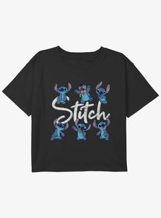 a black t - shirt with stitch characters on the front and back, which says stitch