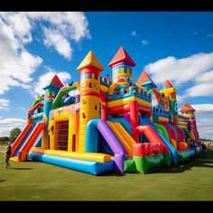 a large inflatable castle with slides on the lawn