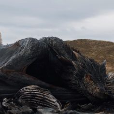 a woman standing next to a dead dragon