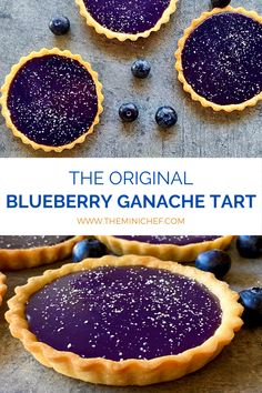 blueberry ganache tarts with fresh blueberries on the side and text overlay