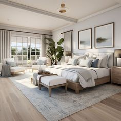 a large bed sitting in a bedroom on top of a hard wood floor next to a window