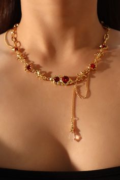 18K Real Gold Plated Red Gem Twist Necklace – Cutethingscommin Gold And Gemstone Jewelry, Red Dress With Gold Accessories, Red Gem Jewelry, Gold And Red Necklace, Chinese Gold Jewellery, Red And Gold Necklace, Red Gold Aesthetic, Red And Gold Aesthetic, Red And Gold Jewelry