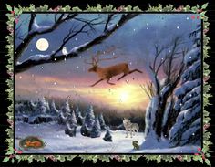 a painting of a reindeer leaping in the air over a snowy forest with trees and snowflakes