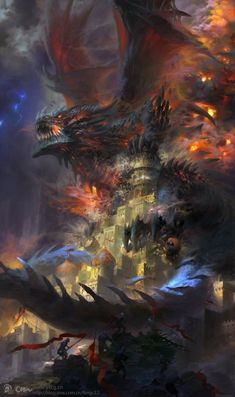 a large dragon flying over a city on top of a cloud covered sky with red and yellow lights