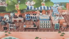 an animated image of a beach house with lots of items on the ground and palm trees