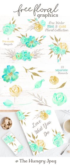 the free floral graphics bundle is displayed on top of a table with flowers and other items