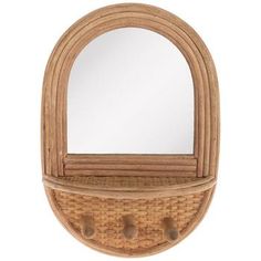 a wooden mirror and shelf with two hooks on it's sides, made out of wicker