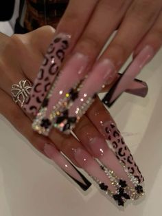 Long Acrylic Nails Black Design, Long Cheetah Nails, Bling Bday Nails, Boujie Nail Designs, Deep French Tip Acrylic Nails, Blinged Out Nail Sets, Frenchie Nail Ideas, Jaguar Nail Designs, Long Blinged Out Nails