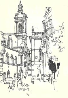 an ink drawing of people walking in front of a church