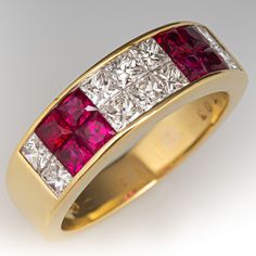 This pretty ring is accented with ten (10) princess cut diamonds and eight (8) princess cut rubies that are invisible set. The ring measures 6.3mm at the top, rises 2.7mm above the finger, tapering to 3.7mm wide and 1.5mm thick at the base of the shank. It is a size 5.75 and we are not offering resizing due to the design of the ring. Ruby Princess Cut Ring, Princess Cut Ruby Ring With Brilliant Diamond, Luxury Princess Cut Ruby Jewelry, Luxury Ruby Ring Princess Cut For Anniversary, Luxury Princess Cut Ruby Ring For Anniversary, Anniversary Princess Cut Ruby Ring, Divorce Ring, Ruby Band Ring, Ruby Bands