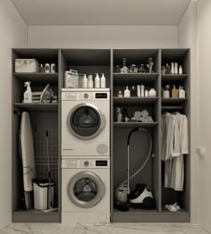 a washer and dryer in a closet with clothes on the shelf next to it