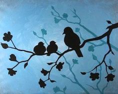 two birds are sitting on a branch with leaves and flowers in the sky behind them