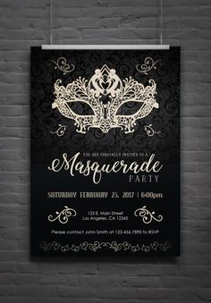 a masquerade party poster hanging on a brick wall with black and white background