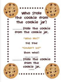 a cookie poem with two cookies on the front and one cookie on the back that says, who stole the cookie from the cookie jar?