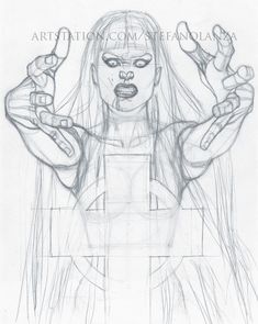 a pencil drawing of a woman with her hands in the air and two fingers out