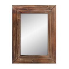 a wooden framed mirror on a white wall