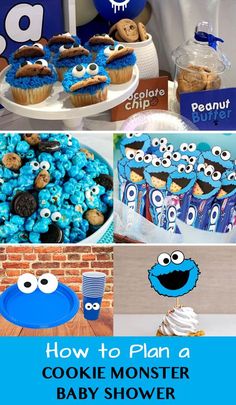 a cookie monster baby shower party with blue decorations