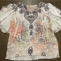 Cato Size 18/20w Shirt. Beautiful Material And Design. New Without Tags. White Flowy Printed Tops, Flowy White Printed Top, Flowy White Printed Blouse, Multicolor Cat Print Cotton Tops, Blue Lace Blouse, Summer Cotton T-shirt With Cat Print, Cold Shoulder Long Sleeve, Cato Fashion, Red And Black Plaid