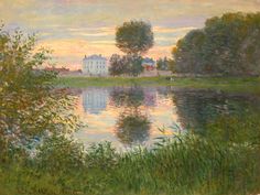 an oil painting of a lake with trees and grass in the foreground at sunset