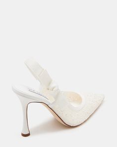 BRI White Lace Slingback Pump Heel | Women's Heels – Steve Madden White Evening Heels With Bow Straps, White Heels With Bow Straps For Formal Occasions, Formal White Heels With Bow Straps, Chic Bow Slingback Pumps For Wedding, Elegant White Slingback Pumps With Bow, White Pointed Toe Heels With Bow Straps, Chic White Slingback Pumps With Bow, White Formal Slingback Pumps With Wrapped Heel, Formal White Slingback Pumps With Wrapped Heel