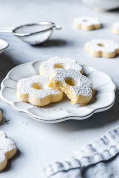 powdered sugar covered donuts on a white plate