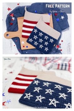 crocheted patriotic dishcloths and potholders are featured in this free pattern