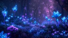 the blue flowers are glowing in the dark forest