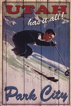 an old poster shows a skier going down the slope with ski poles in his hand