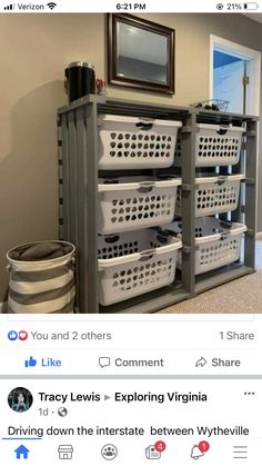 an image of some baskets on top of each other in a room with a mirror above them