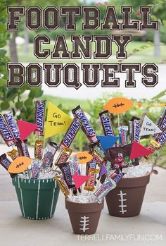 football candy bouquets in buckets with the words football candy bouquets on them