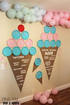 an ice cream cone themed birthday party with balloons and streamers on the wall behind it