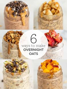 six jars filled with overnight oats and topped with fruit