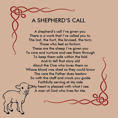 a shepherd's call written in red and black on a beige background with an illustration of a sheep