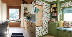 two pictures side by side, one with green cabinets and the other has floral wallpaper