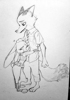 a drawing of a fox holding a stuffed animal