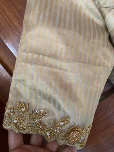 Gold Tissue Blouse Designs, Embroidery Designs On Blouses, Gold Maggam Work Blouse Designs, Simple Zardosi Work Designs, Blouse Embroidery Designs Silk, Simple Blouse Work Designs, Simple Embroidery Designs Blouse, Gold Blouses, Embroidery Designs For Blouses