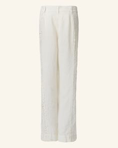 Crafted from linen, our lilac high-waisted pant is lightly pleated with a straight leg silhouette and zip fly closure. The ankle pant features diamond-shaped eyelet panels and handworked fagoting details. Finished with French seams, the pastel pant has a breezy feel. Chic White Linen Pants, Chic Linen Wide Leg Pants For Daywear, Chic Linen Pants For Daywear, Linen Wide Leg Pants For Daywear, Elegant White Linen Pants, White Linen Pants For Daywear, Elegant Linen Wide Leg Pants For Daywear, White Linen Wide Leg Pants For Daywear, Pastel Pants