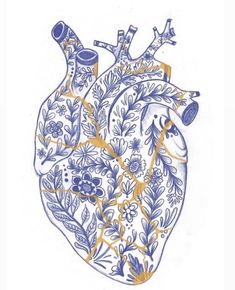 a blue and white drawing of a heart with flowers on the inside, surrounded by leaves