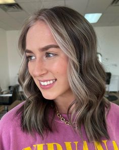 Half Head Highlights Ash Brown Hair, Short Brown Hair Balayage Money Piece, Light Ash Brown Hair With Lowlights, Neutral Brown Lowlights, Light Ash Brown With Money Piece, Lowlights For Ash Brown Hair, Brown Hair With Ash Money Piece, Brown Lowlights With Money Piece