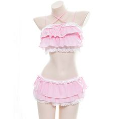 Cute Girls Lolita Ruffle Bikini Sukumizu Cosplay Pink And Black Color Swimsuit Hollowed Multilayer Lace Swimwear, Kawaii Swimsuit, Y2k Aesthetic Outfits, Ruffle Swimsuit, Cute Swimsuits, Kawaii Clothes, Lolita Fashion, Kawaii Fashion, Pink And Black