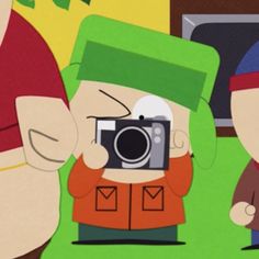 two cartoon characters are holding up a camera