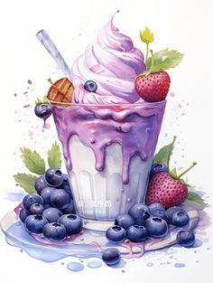 an ice cream sundae with blueberries and strawberries on the side, surrounded by watercolor splashes