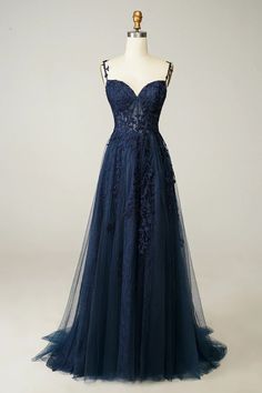 A-Line Homecoming Dresses Dress Graduation loog Sleeveless Spaghetti Strap Tulle with Appliques Blue A Line Prom Dress, Blue Glitter Prom Dress, Prom Dresses Navy Blue, Navy Prom Dress, Dark Blue Prom Dress, Straight Wedding Dresses, Cassie Howard, Prom Dress Blue, Blue Formal Dress