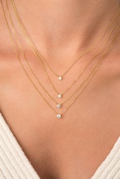 ✦ Diamond Solitaire Necklace ✦ ✧ DESCRIPTION & DETAILS Handcrafted 14k solid gold diamond necklace with big brilliant-cut diamonds. It's an heirloom-worthy piece that you can pass down or keep all to yourself. ❶ Choose between 9k, 14k, or 18k solid gold. ❷ Set with high-quality handpicked diamonds 2.00mm - 0.03ctw (Attention it is very small) 2.40mm - 0.06ctw 2.80mm - 0.09ctw 3.20mm - 0.12ctw ❸ Adjustable length: 14 to 16, 16 to 18, 18 to 20 inches. Chain thickness of 1.10 mm ❹ High-quality Tiny Diamond Necklace, Layering Diamond Necklaces, Dainty Diamond Necklace, Chain Diamond, Floating Necklace, Luxury Jewelry Brands, Solitaire Necklace, Gold Armband, Diamond Solitaire Necklace