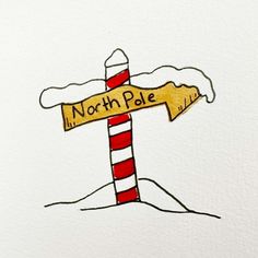 a drawing of a street sign in the snow with a red and white striped pole