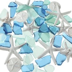 blue and white sea glass mosaics with starfish