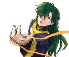 an anime character with long green hair and yellow ribbon around his neck, holding her hand out